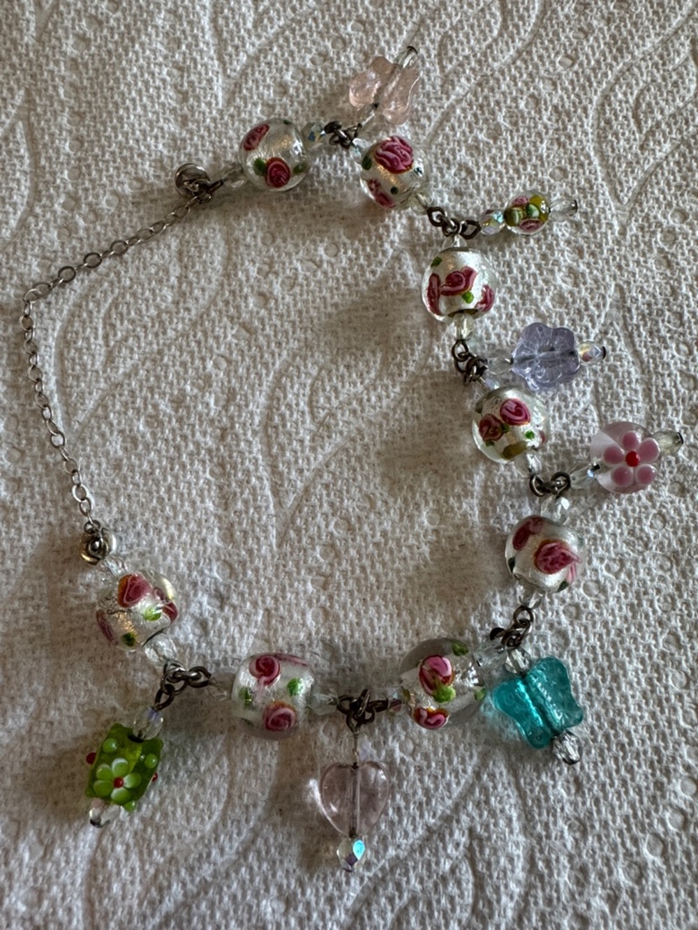 Pink Rose Glass Bead Charm Bracelet with Multicolor Charms